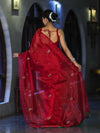 Banarasee Handwoven Tissue Saree With Floral Motifs & Mirror Work-Deep Red