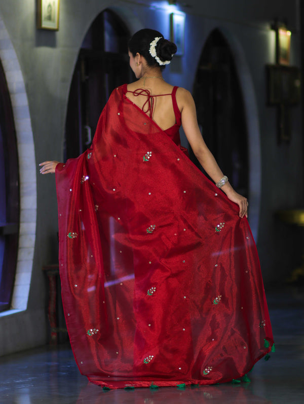 Banarasee Handwoven Tissue Saree With Floral Motifs & Mirror Work-Deep Red