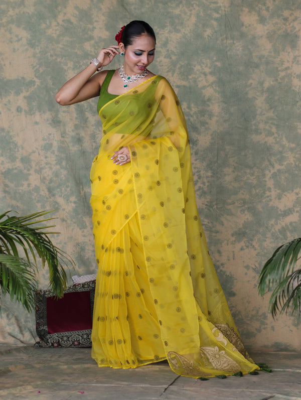 Banarasee Organza Mix Saree With Embroidered Buta & Applique Work Pallu-Yellow