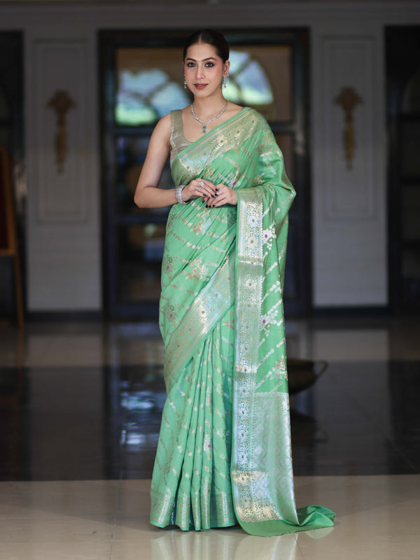 Banarasee Handloom Pure Chiniya Silk Saree With Zari Meena Work-Light Green