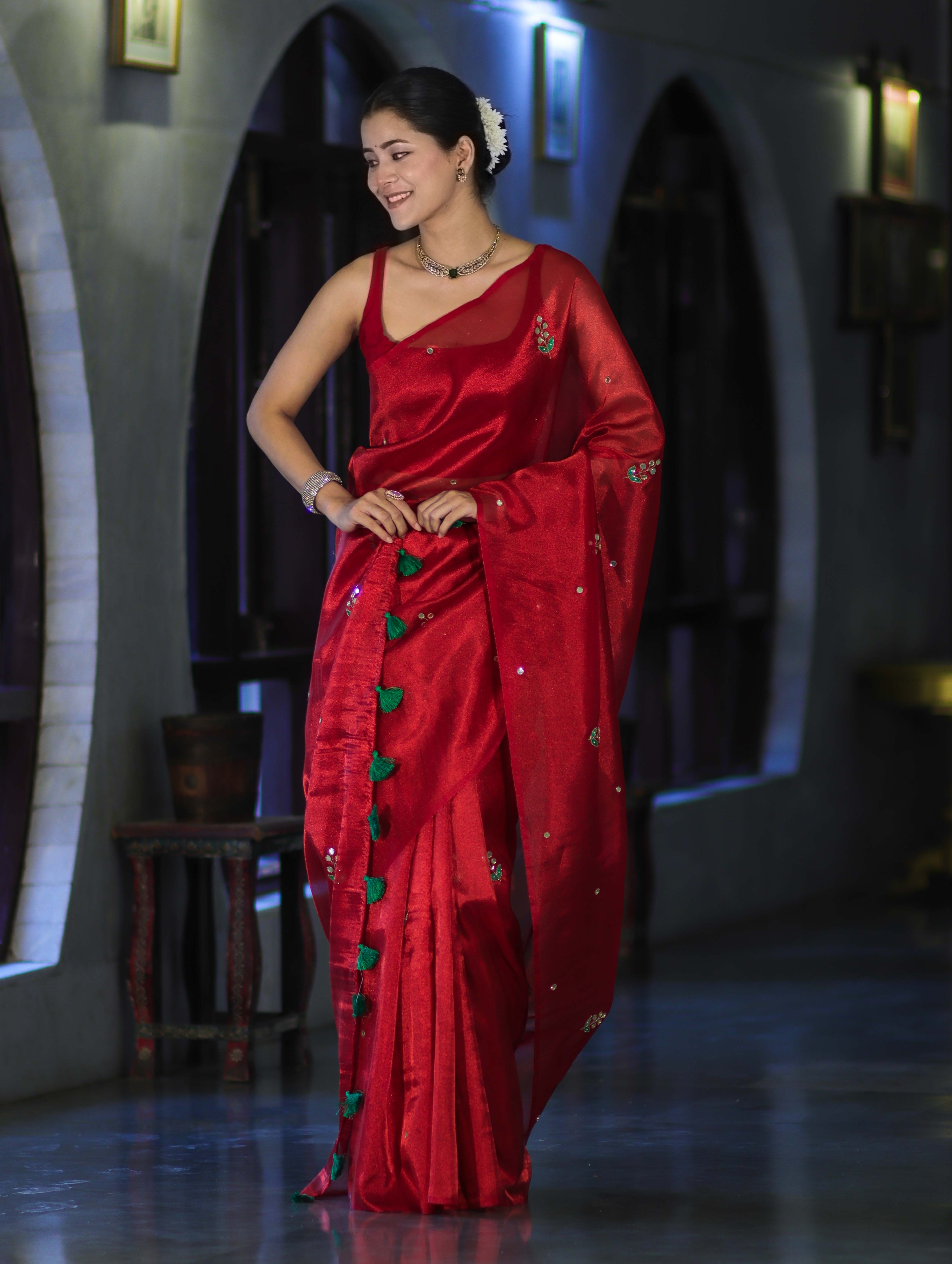 Banarasee Handwoven Tissue Saree With Floral Motifs & Mirror Work-Deep Red