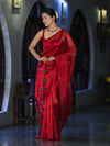 Banarasee Handwoven Tissue Saree With Floral Motifs & Mirror Work-Deep Red