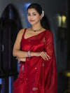 Banarasee Handwoven Tissue Saree With Floral Motifs & Mirror Work-Deep Red