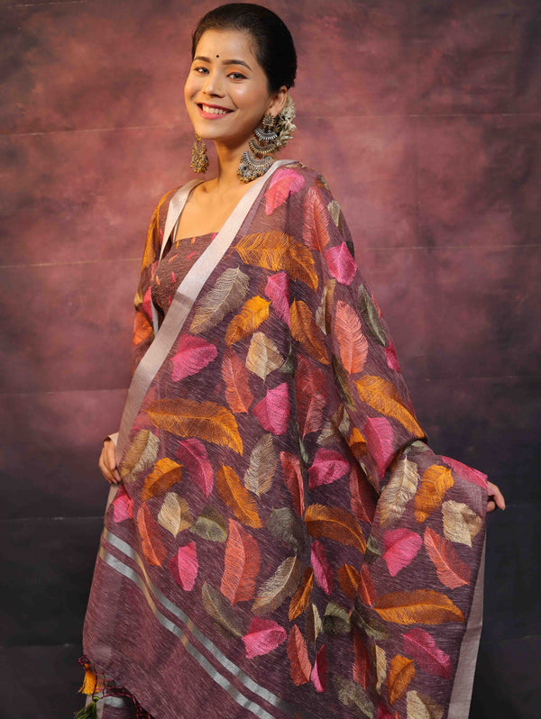 Banarasee Embroidered Linen Cotton Salwar Kameez With Dupatta-Mauve