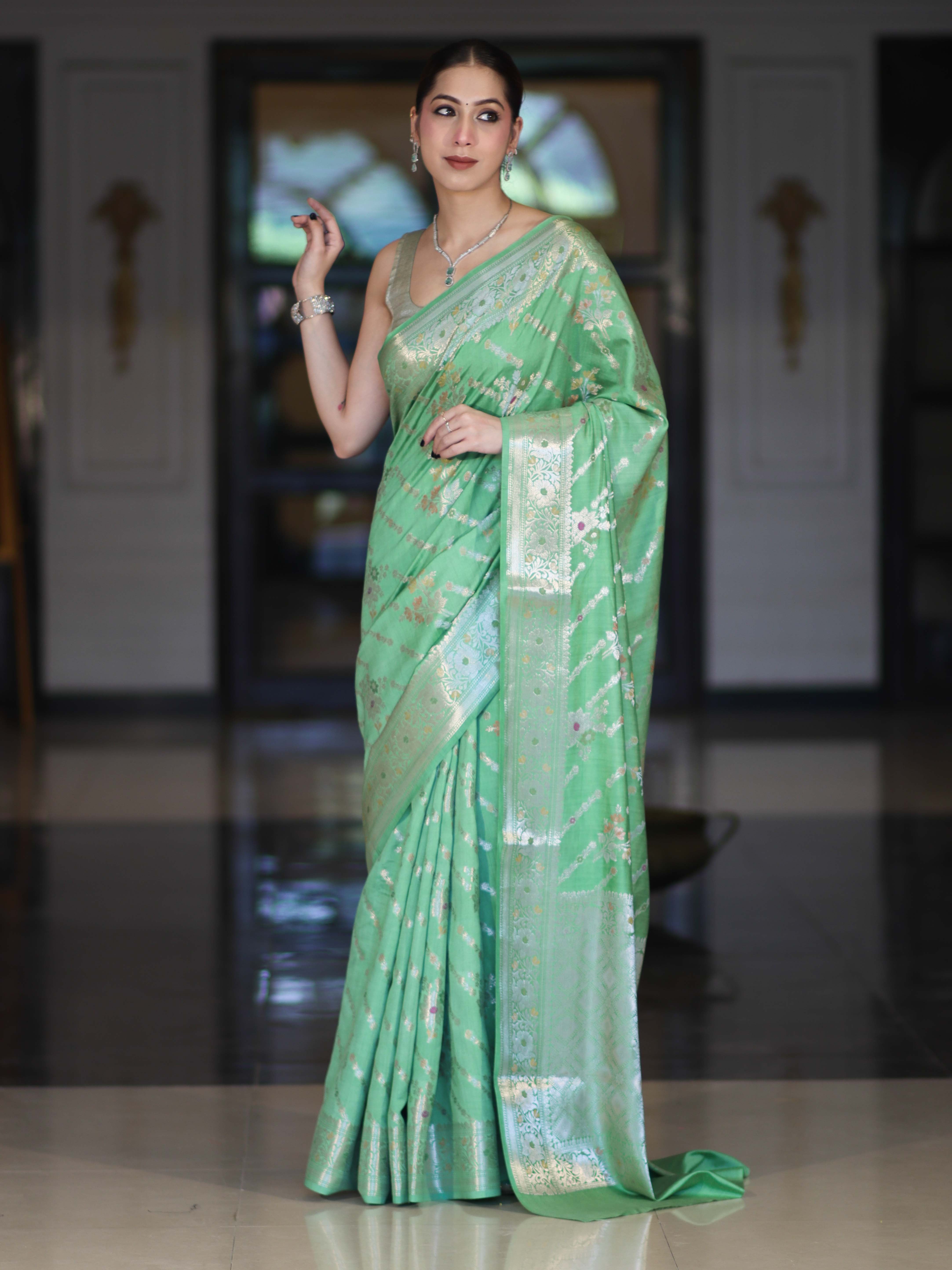 Banarasee Handloom Pure Chiniya Silk Saree With Zari Meena Work-Light Green
