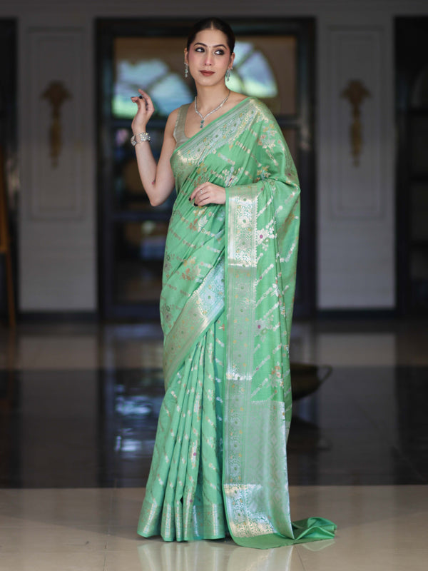 Banarasee Handloom Pure Chiniya Silk Saree With Zari Meena Work-Light Green