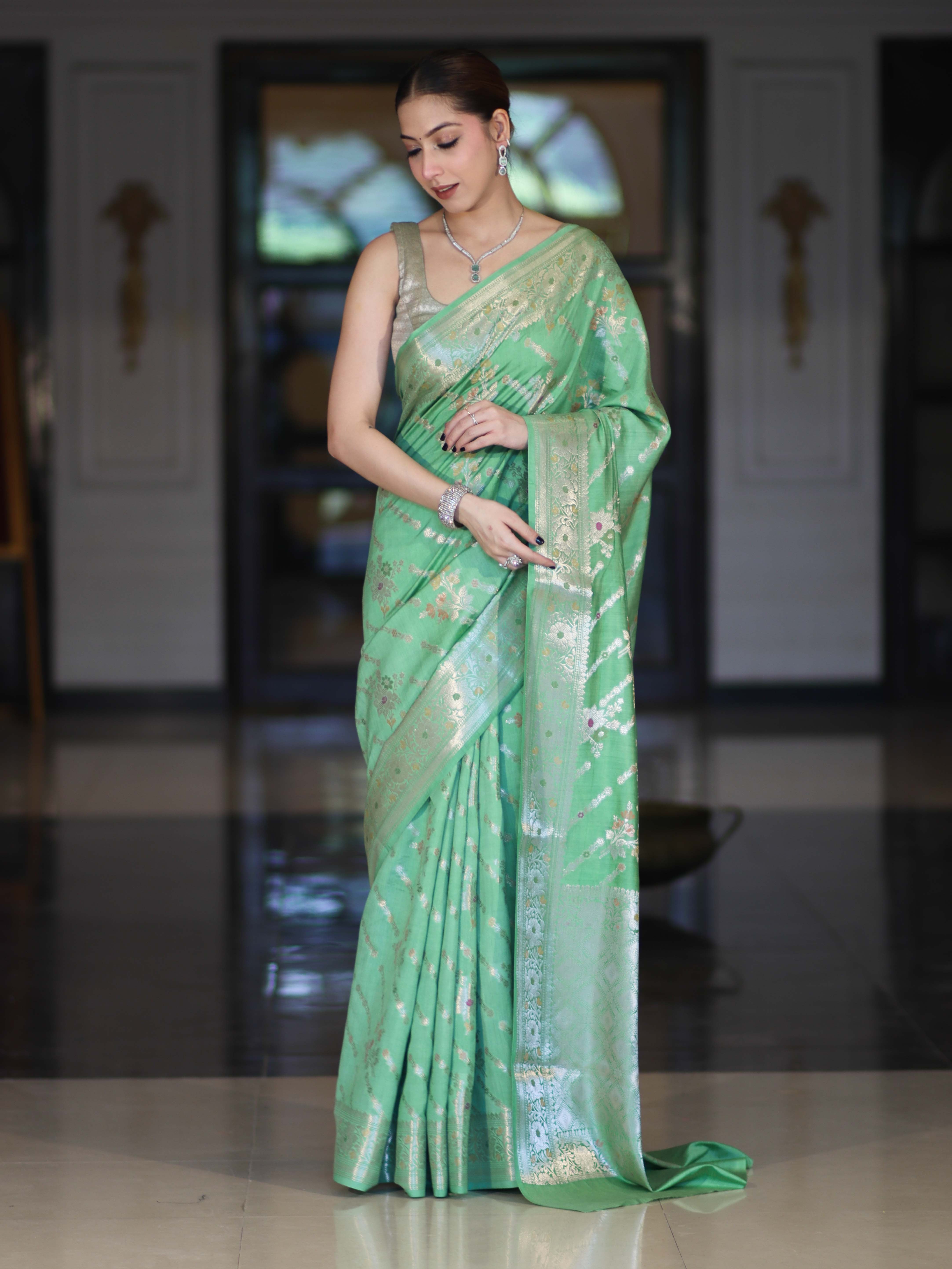 Banarasee Handloom Pure Chiniya Silk Saree With Zari Meena Work-Light Green