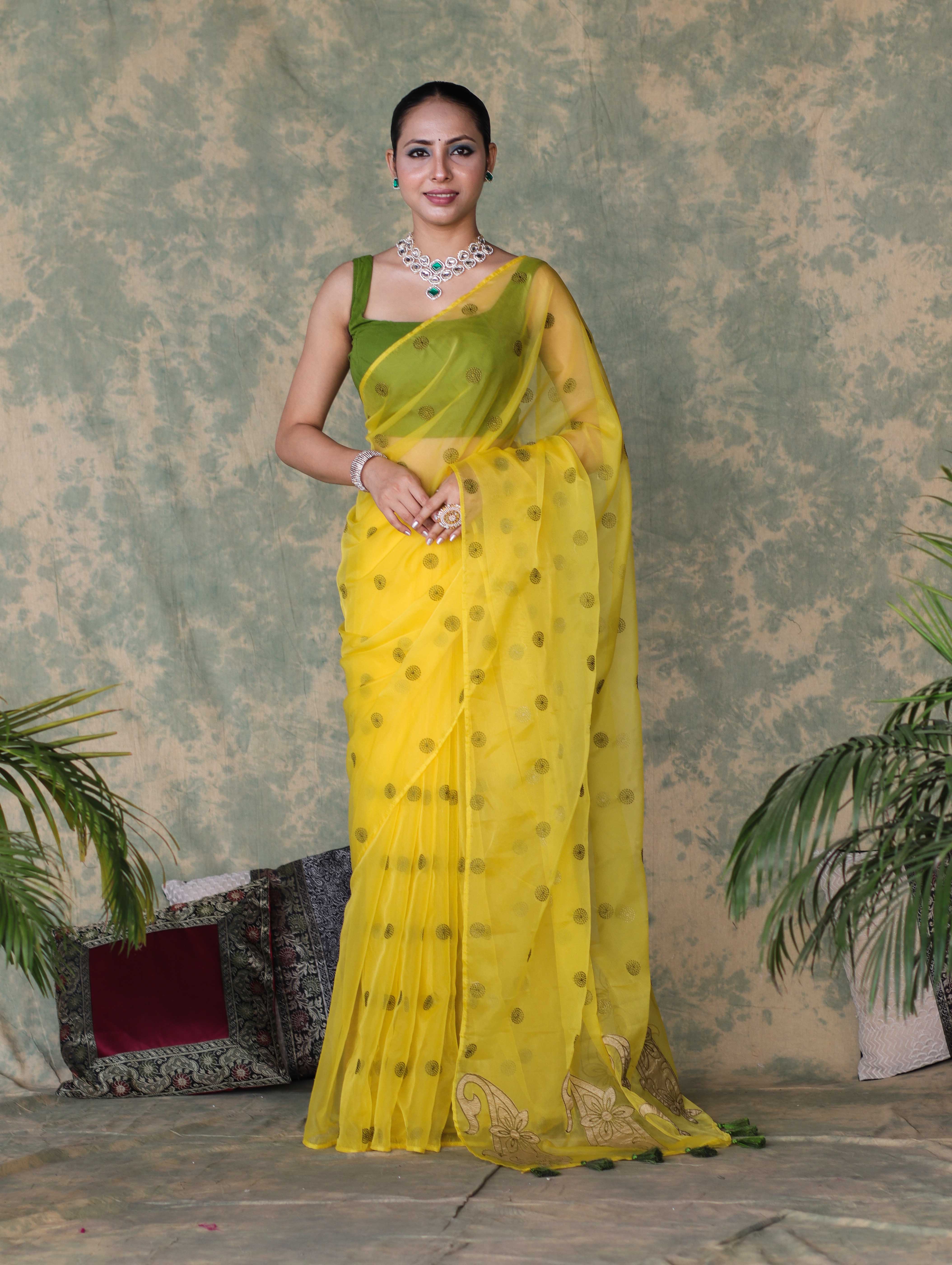 Banarasee Organza Mix Saree With Embroidered Buta & Applique Work Pallu-Yellow