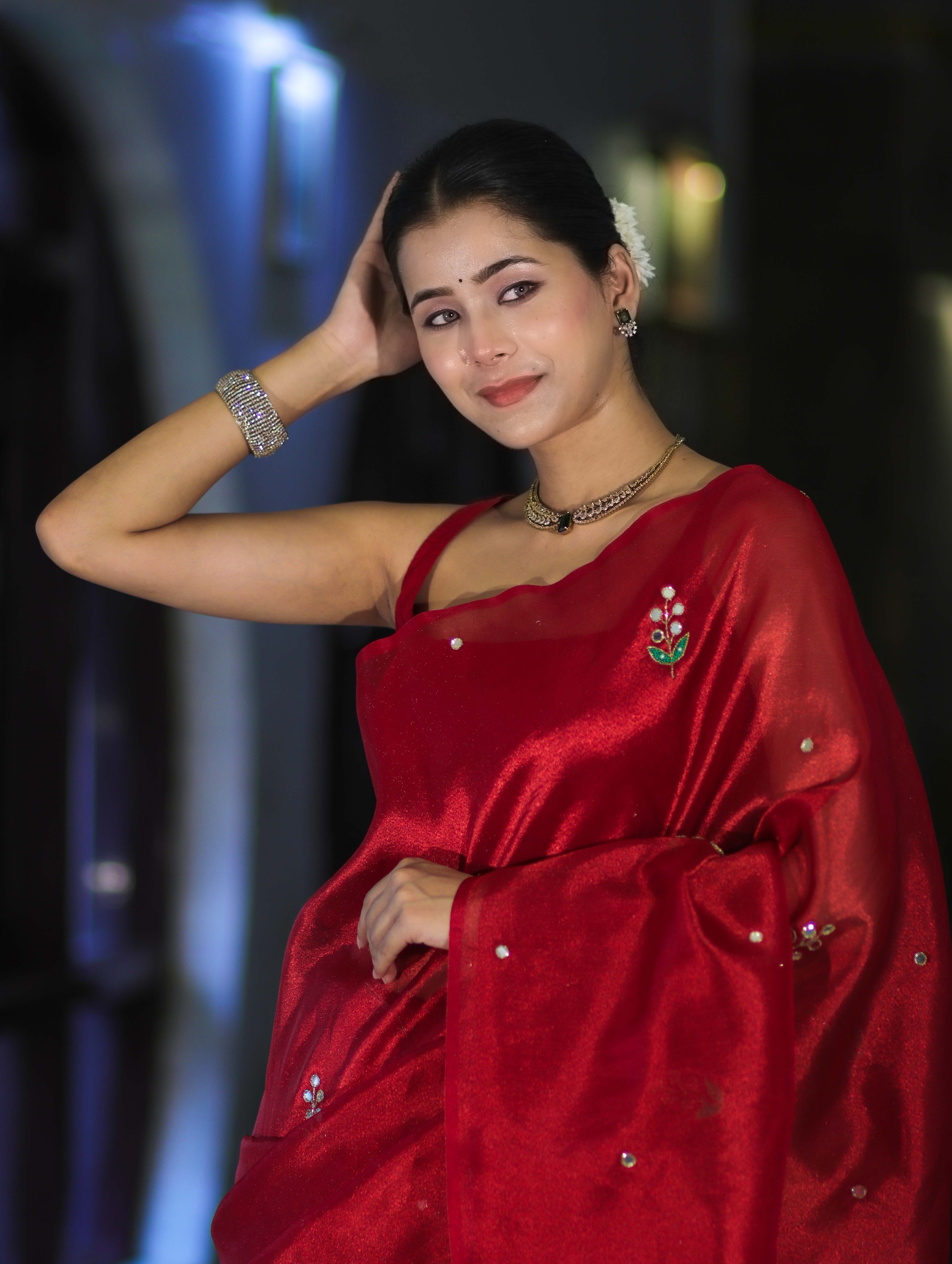 Banarasee Handwoven Tissue Saree With Floral Motifs & Mirror Work-Deep Red