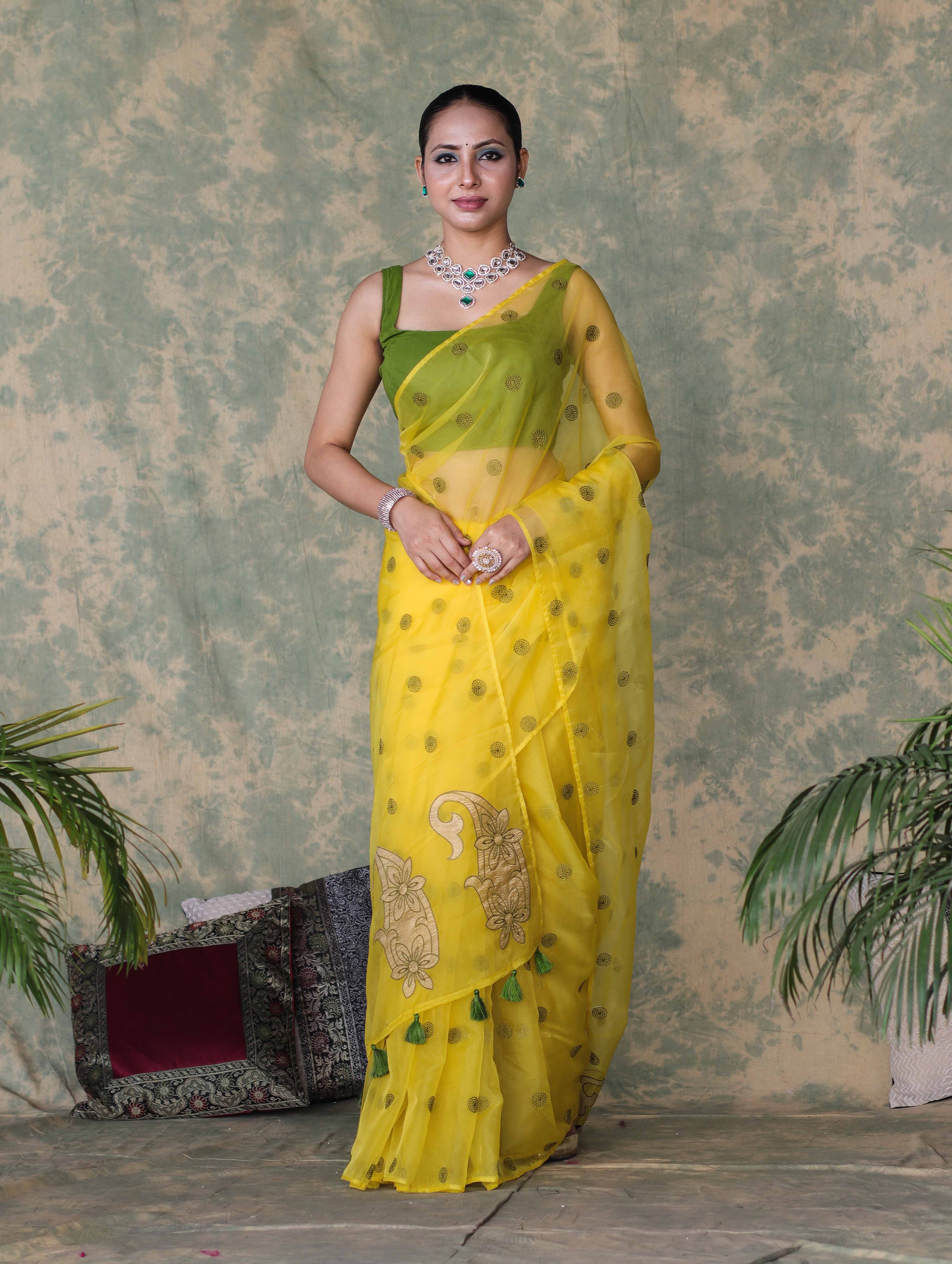 Banarasee Organza Mix Saree With Embroidered Buta & Applique Work Pallu-Yellow