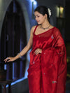 Banarasee Handwoven Tissue Saree With Floral Motifs & Mirror Work-Deep Red