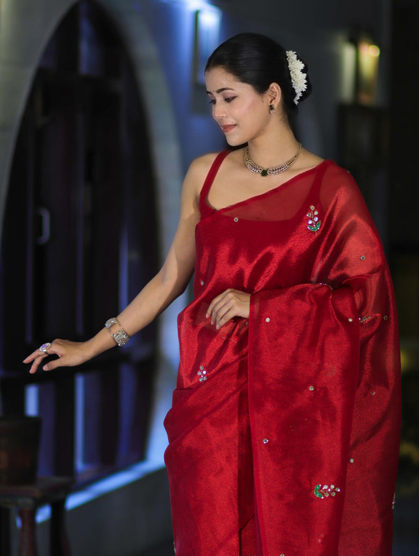 Banarasee Handwoven Tissue Saree With Floral Motifs & Mirror Work-Deep Red