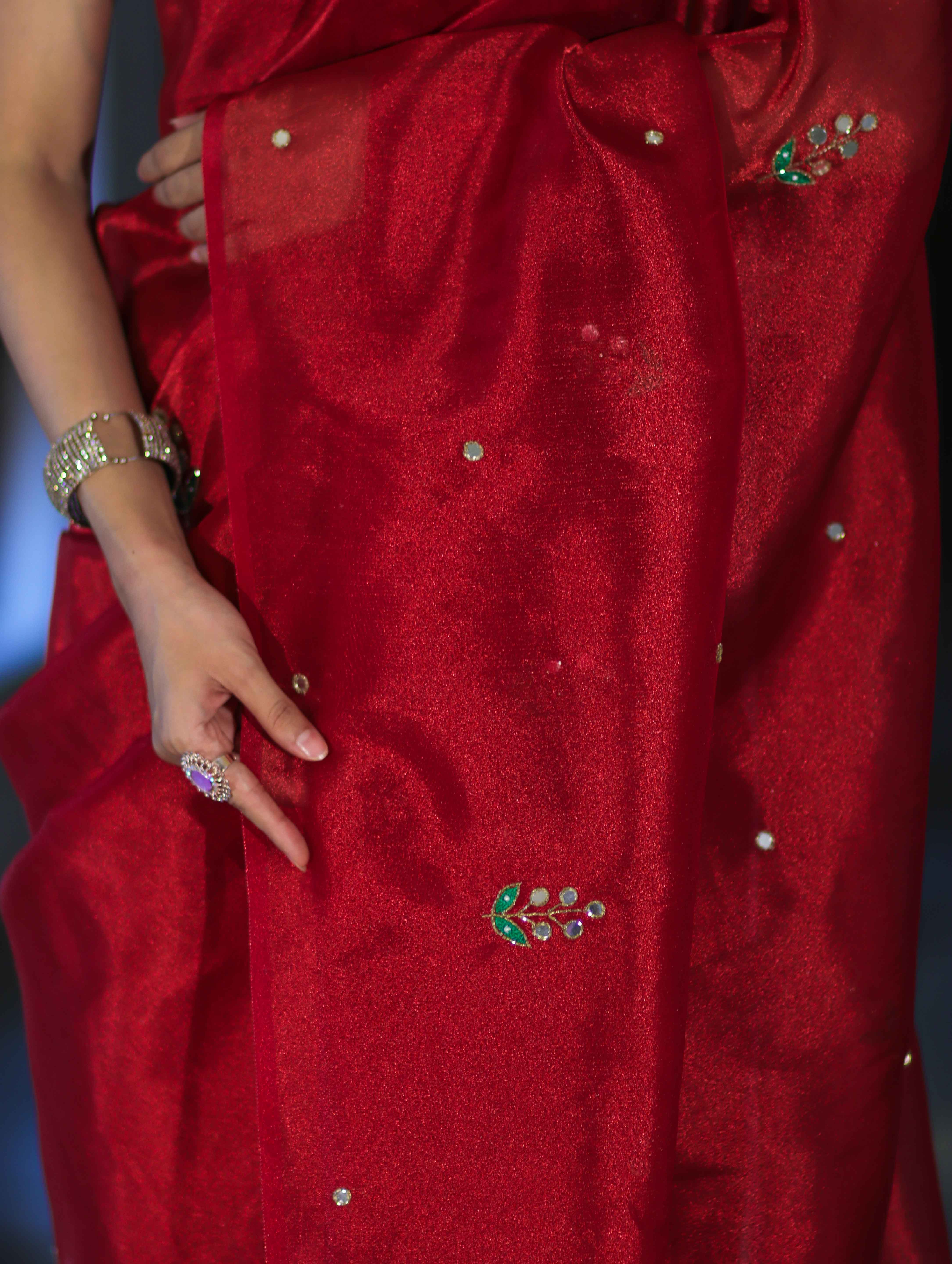 Banarasee Handwoven Tissue Saree With Floral Motifs & Mirror Work-Deep Red
