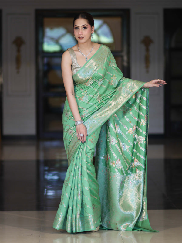 Banarasee Handloom Pure Chiniya Silk Saree With Zari Meena Work-Light Green