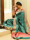 Banarasee Handwoven Semi-Katan Zari Paithani Border Saree-Green