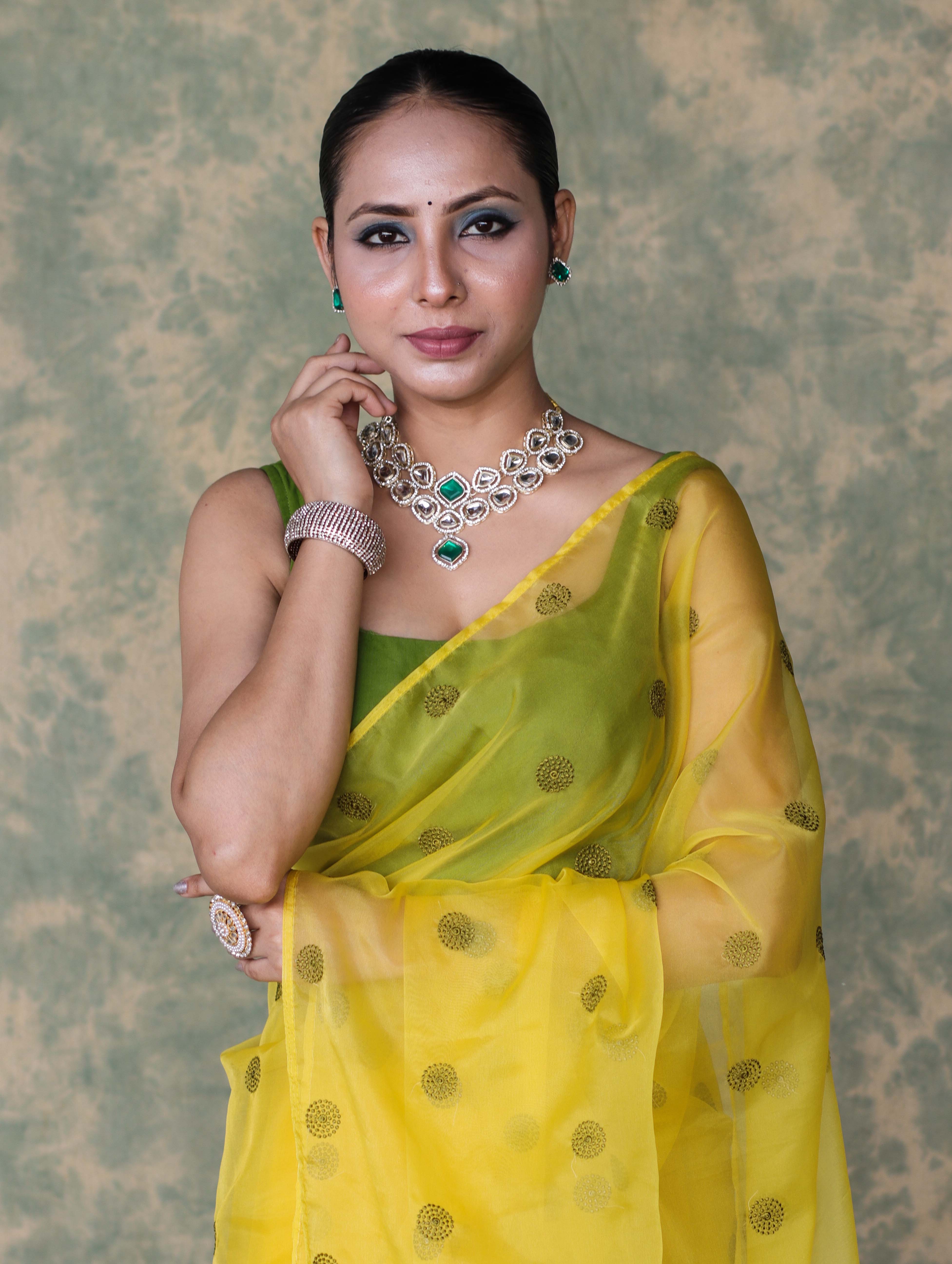 Banarasee Organza Mix Saree With Embroidered Buta & Applique Work Pallu-Yellow