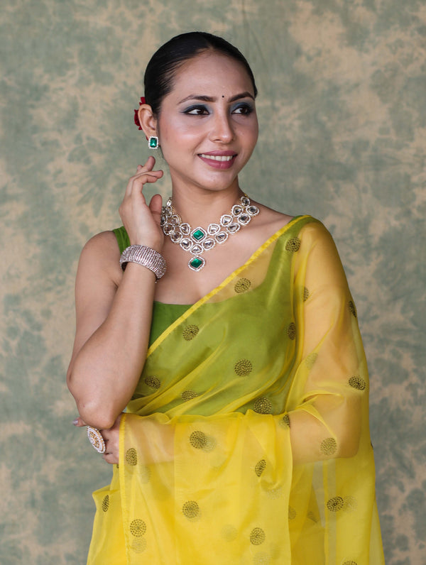 Banarasee Organza Mix Saree With Embroidered Buta & Applique Work Pallu-Yellow