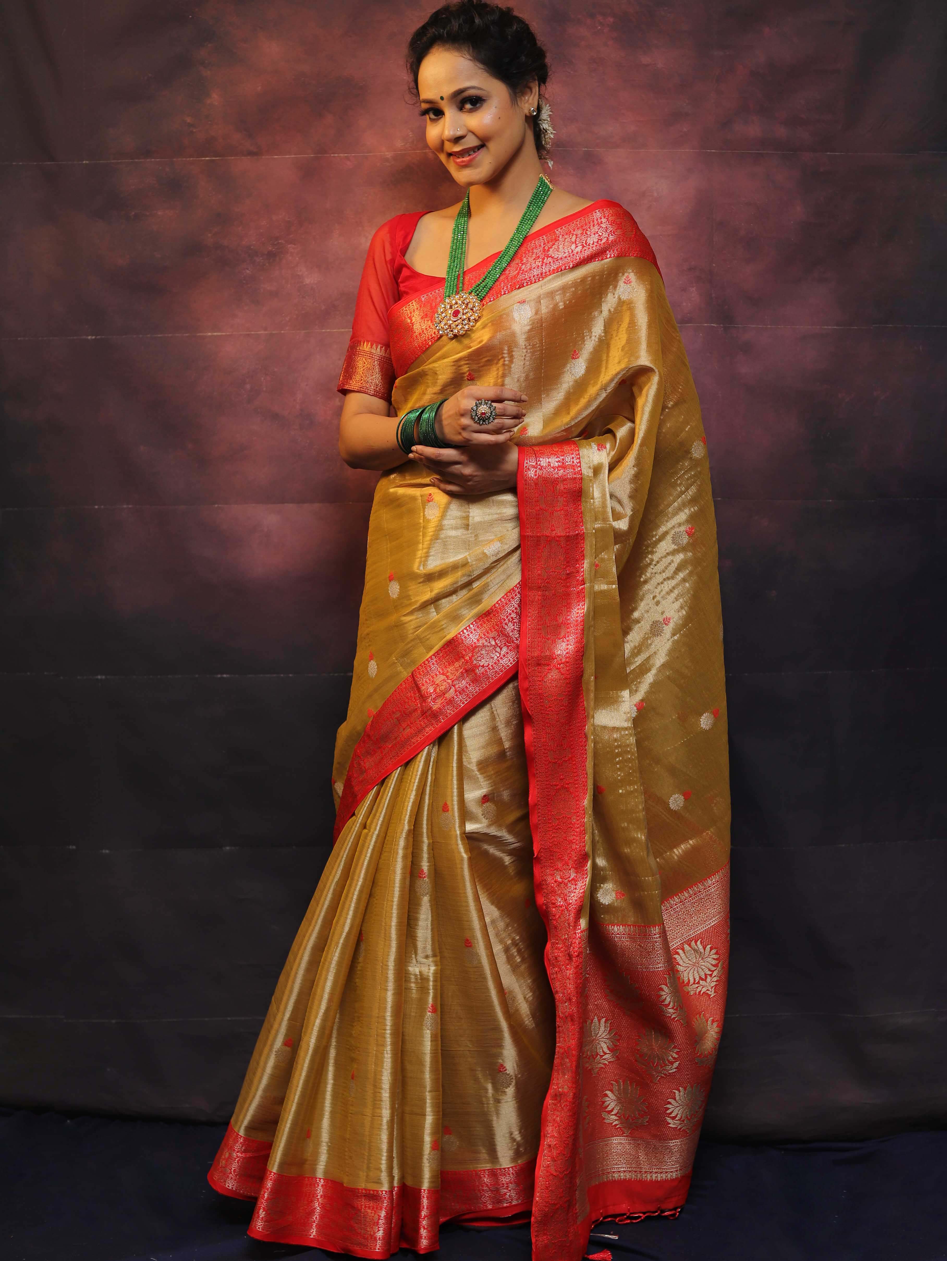 Banarasee Contrast Border Buta Design Tissue Saree-Gold & Red