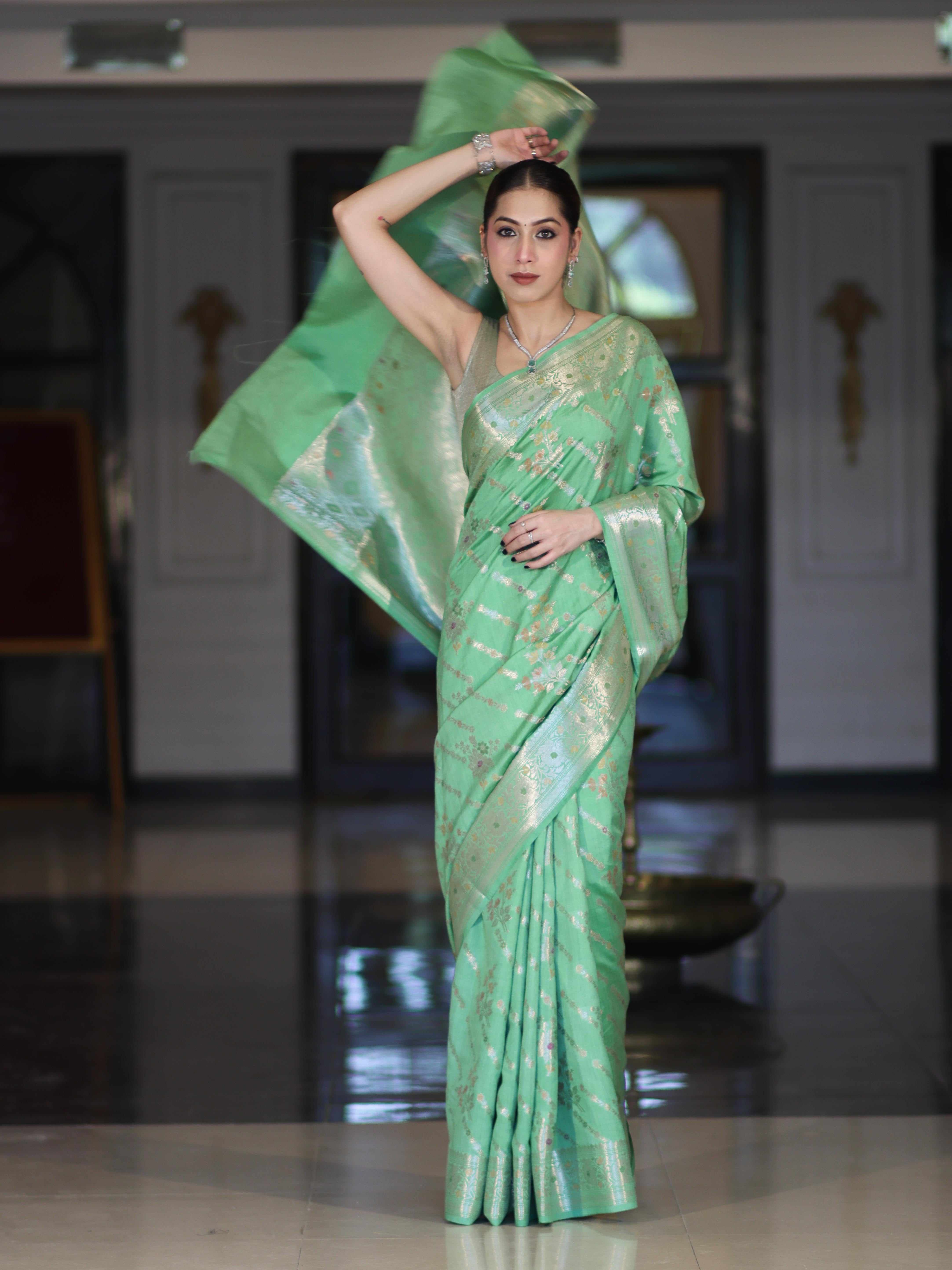 Banarasee Handloom Pure Chiniya Silk Saree With Zari Meena Work-Light Green