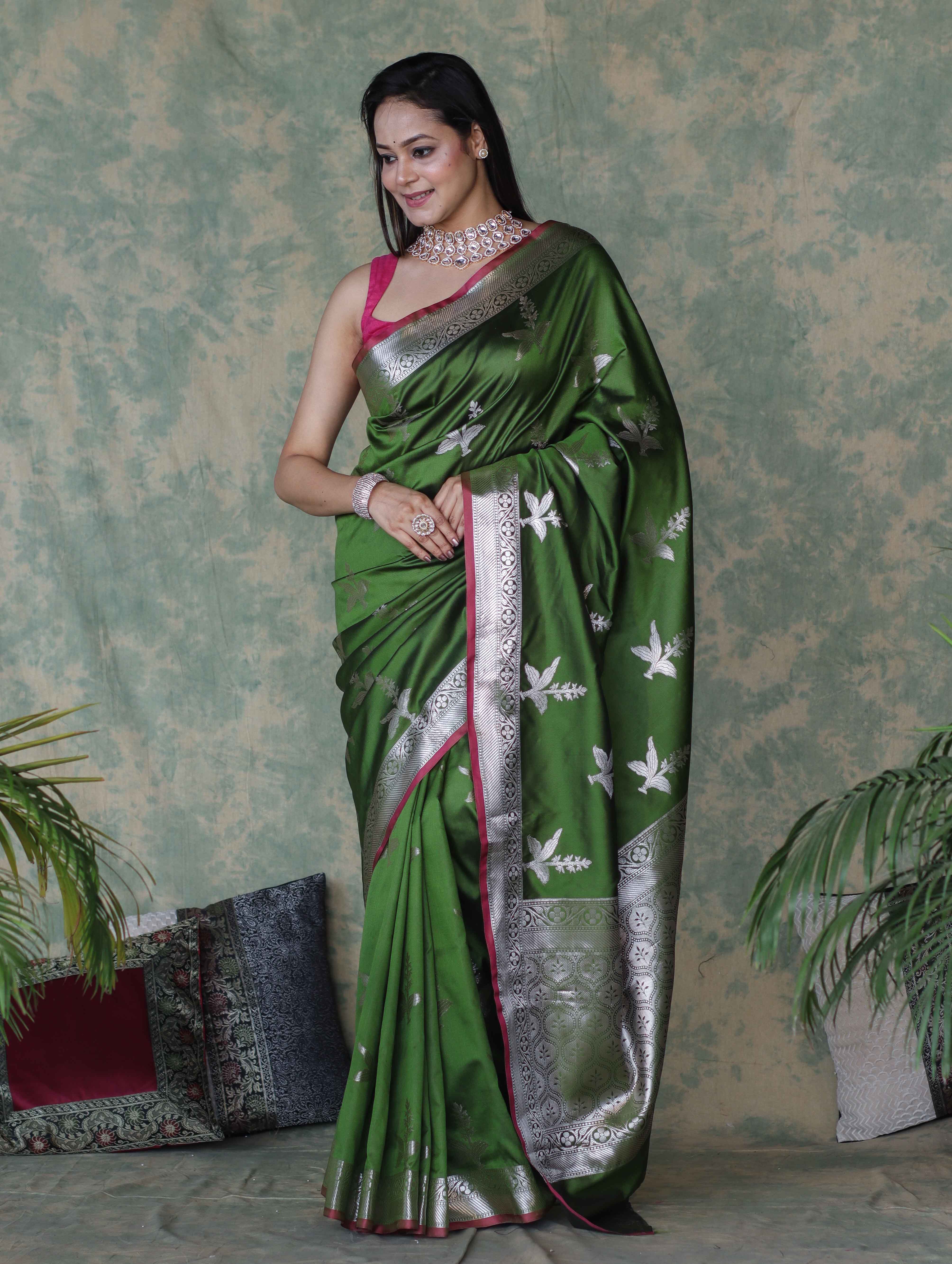 Banarasee Handloom Semi Silk Saree With Silver Zari Floral Design & Border-Leaf Green