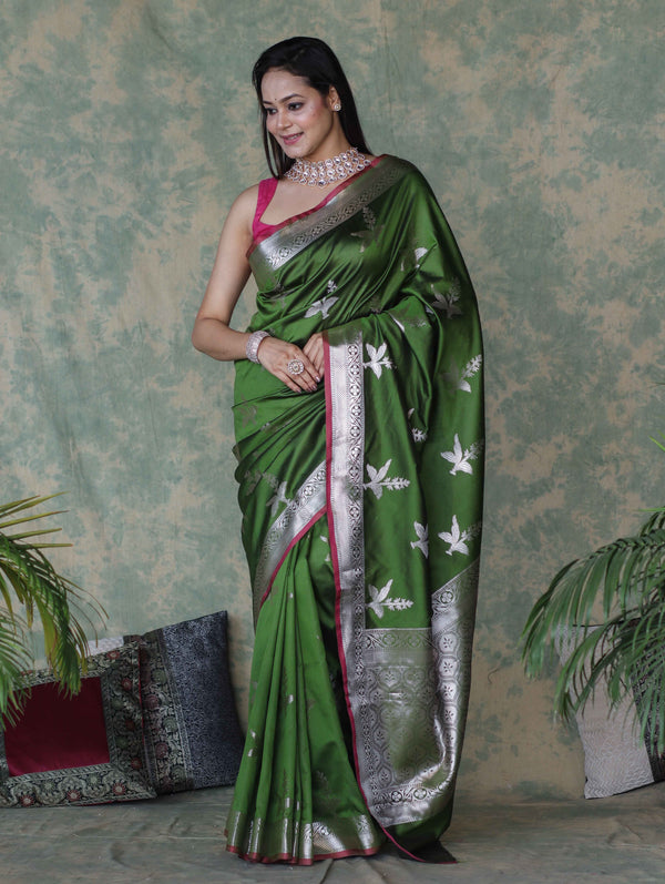 Banarasee Handloom Semi Silk Saree With Silver Zari Floral Design & Border-Leaf Green