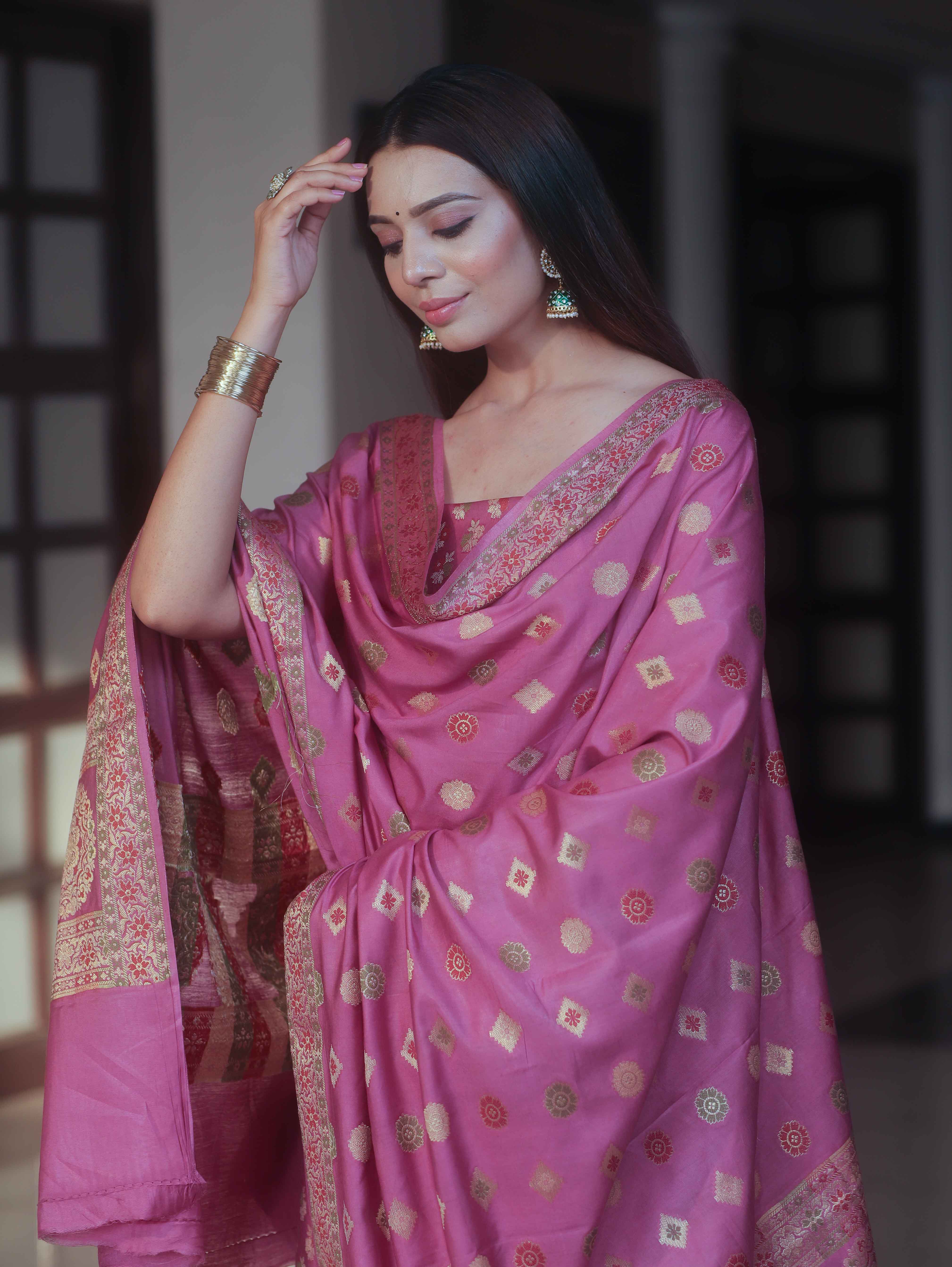 Banarasee Art Silk Resham Design Salwar Kameez With Dupatta Set-Salmon Pink