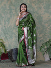 Banarasee Handloom Semi Silk Saree With Silver Zari Floral Design & Border-Leaf Green
