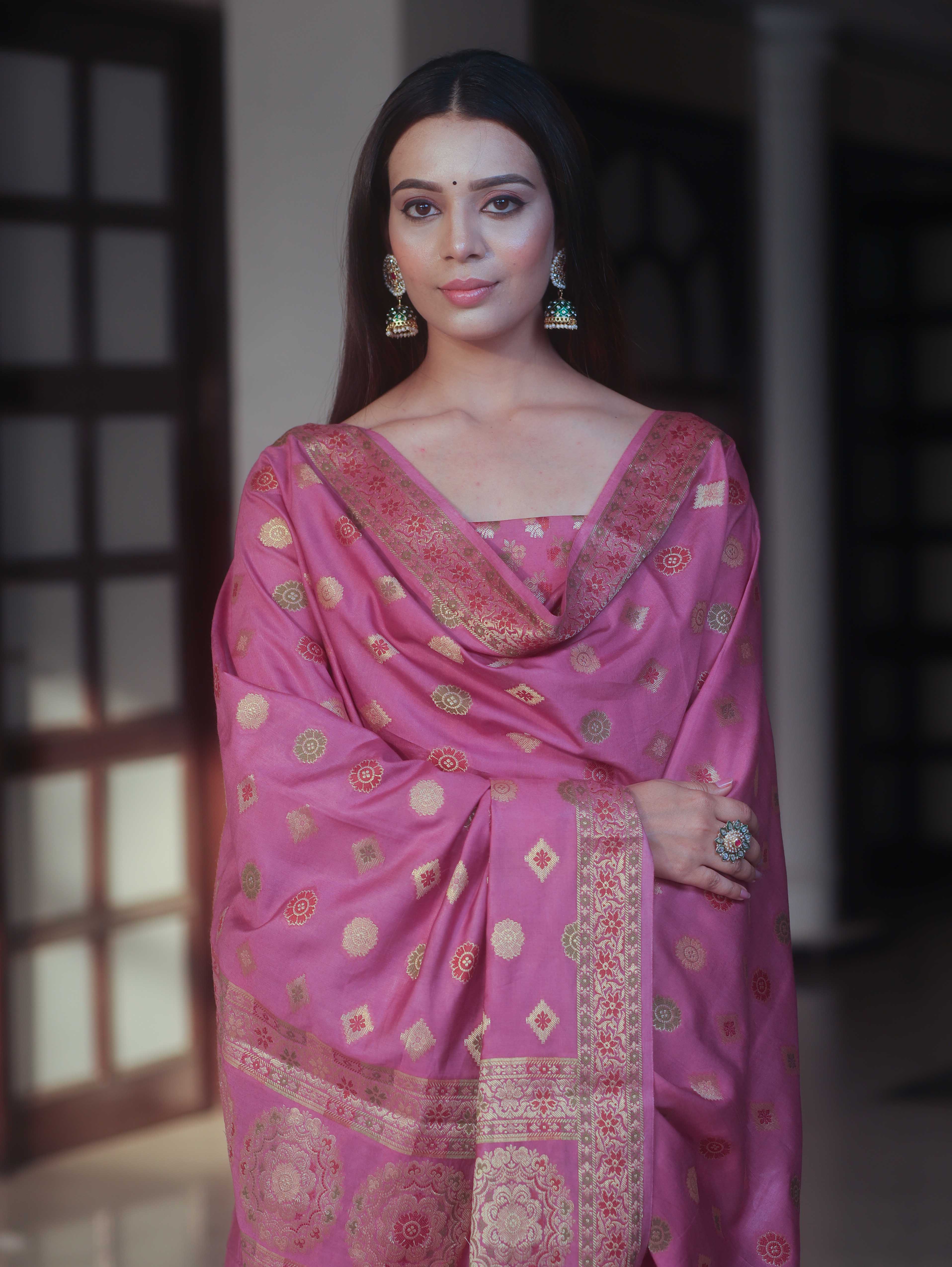 Banarasee Art Silk Resham Design Salwar Kameez With Dupatta Set-Salmon Pink