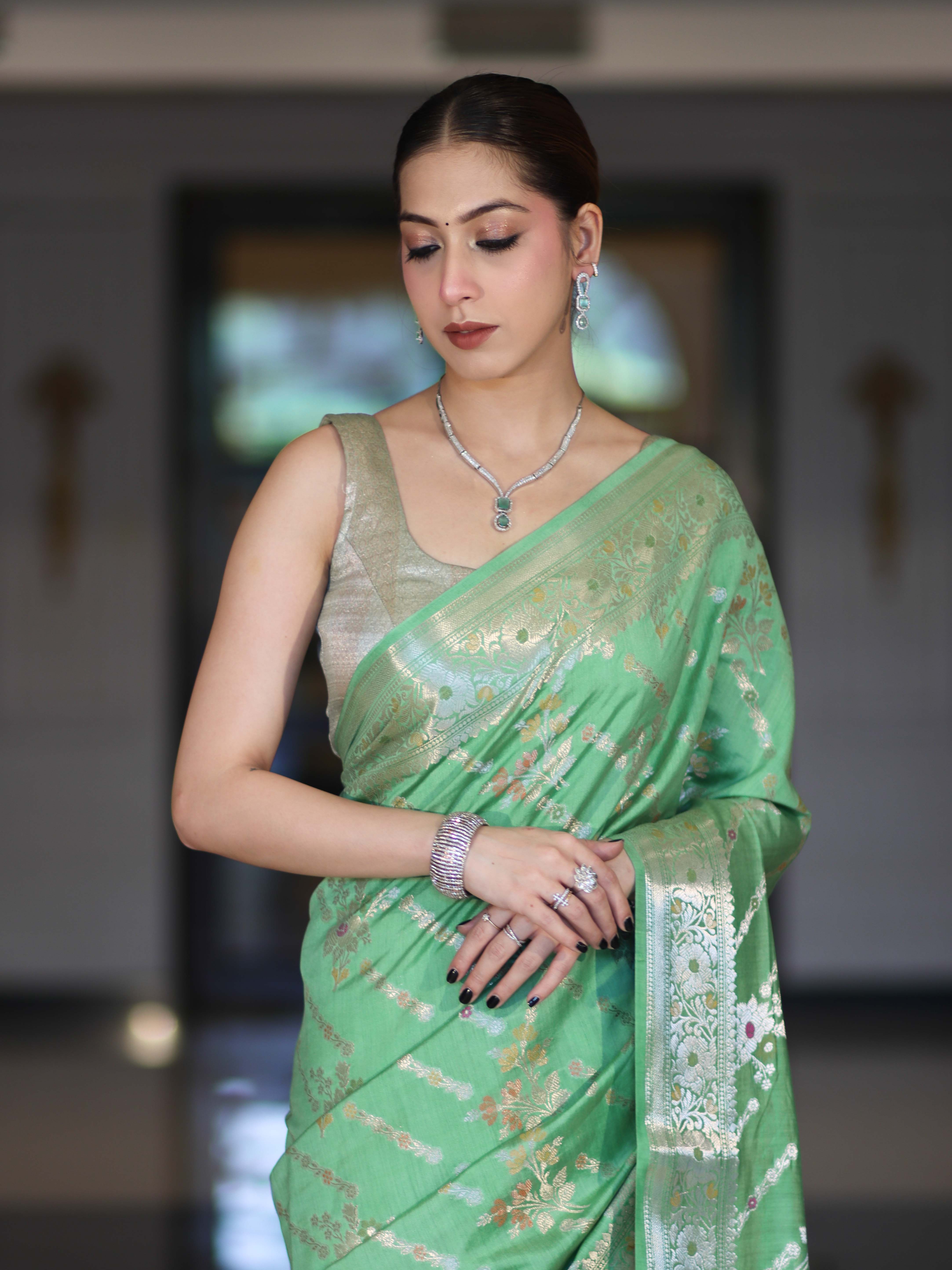Banarasee Handloom Pure Chiniya Silk Saree With Zari Meena Work-Light Green