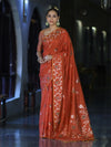 Banarasee Handloom Semi Silk Saree With Leaf Pattern & Floral Zari Border-Orange (Dual Tone)