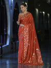 Banarasee Handloom Semi Silk Saree With Leaf Pattern & Floral Zari Border-Orange (Dual Tone)