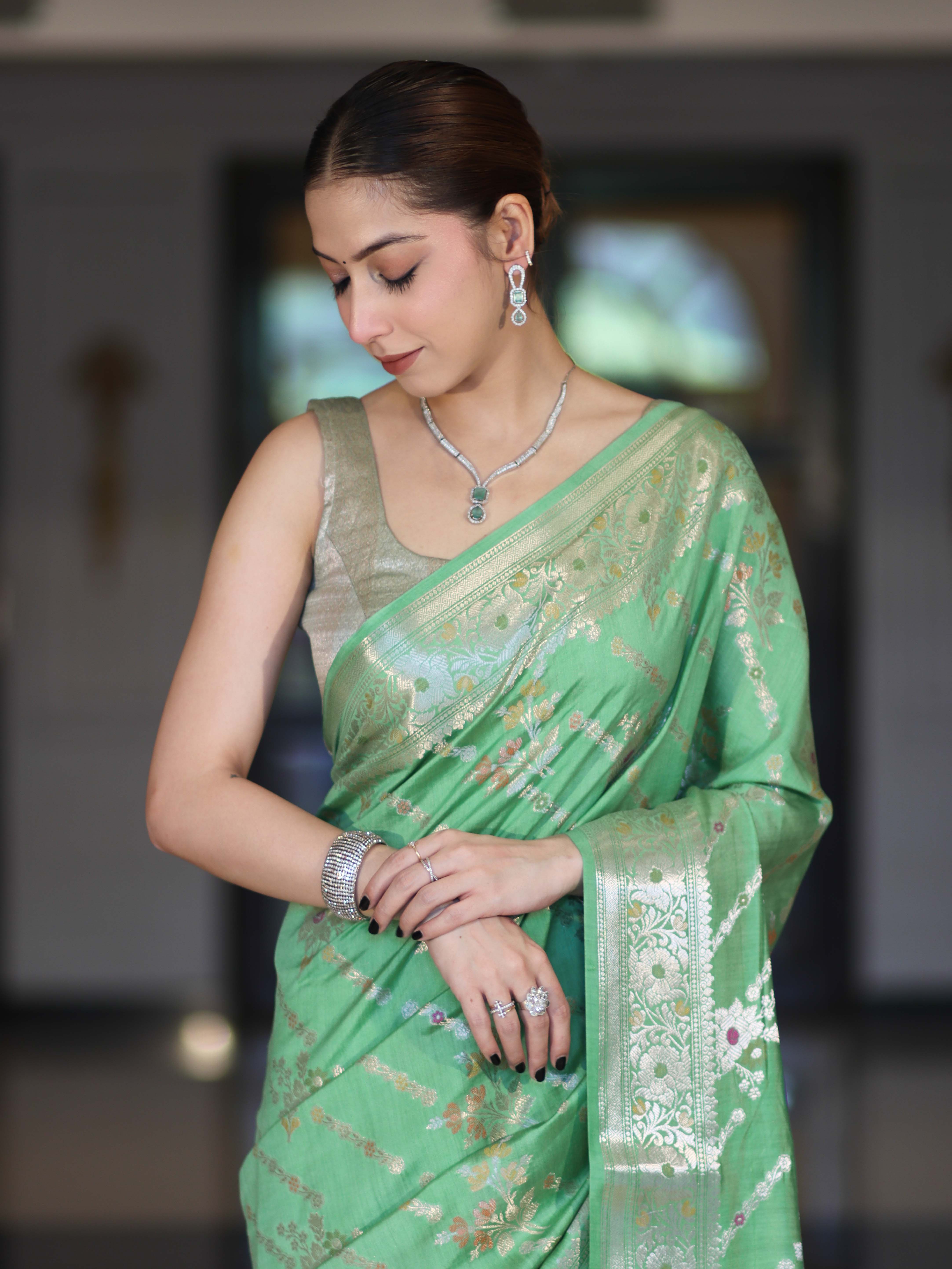 Banarasee Handloom Pure Chiniya Silk Saree With Zari Meena Work-Light Green