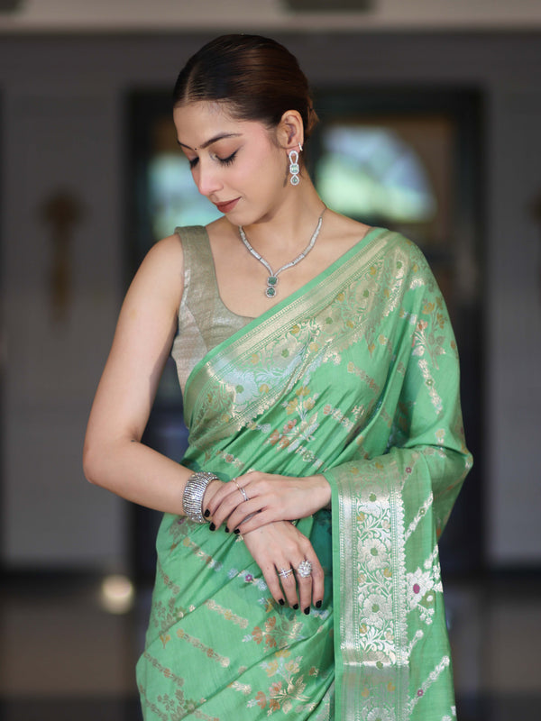 Banarasee Handloom Pure Chiniya Silk Saree With Zari Meena Work-Light Green