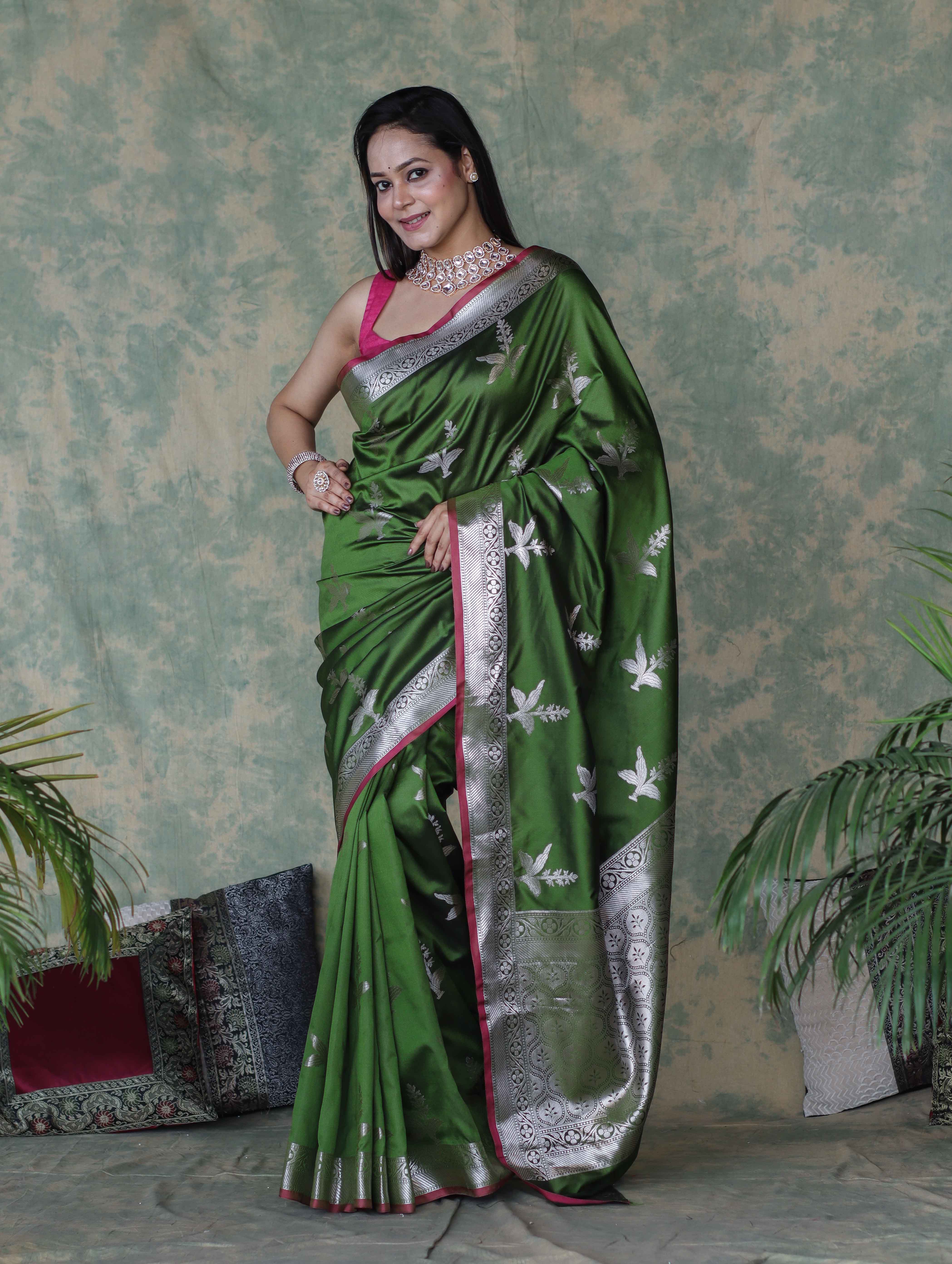 Banarasee Handloom Semi Silk Saree With Silver Zari Floral Design & Border-Leaf Green