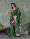 Banarasee Handloom Semi Silk Saree With Silver Zari Floral Design & Border-Leaf Green