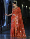 Banarasee Handloom Semi Silk Saree With Leaf Pattern & Floral Zari Border-Orange (Dual Tone)