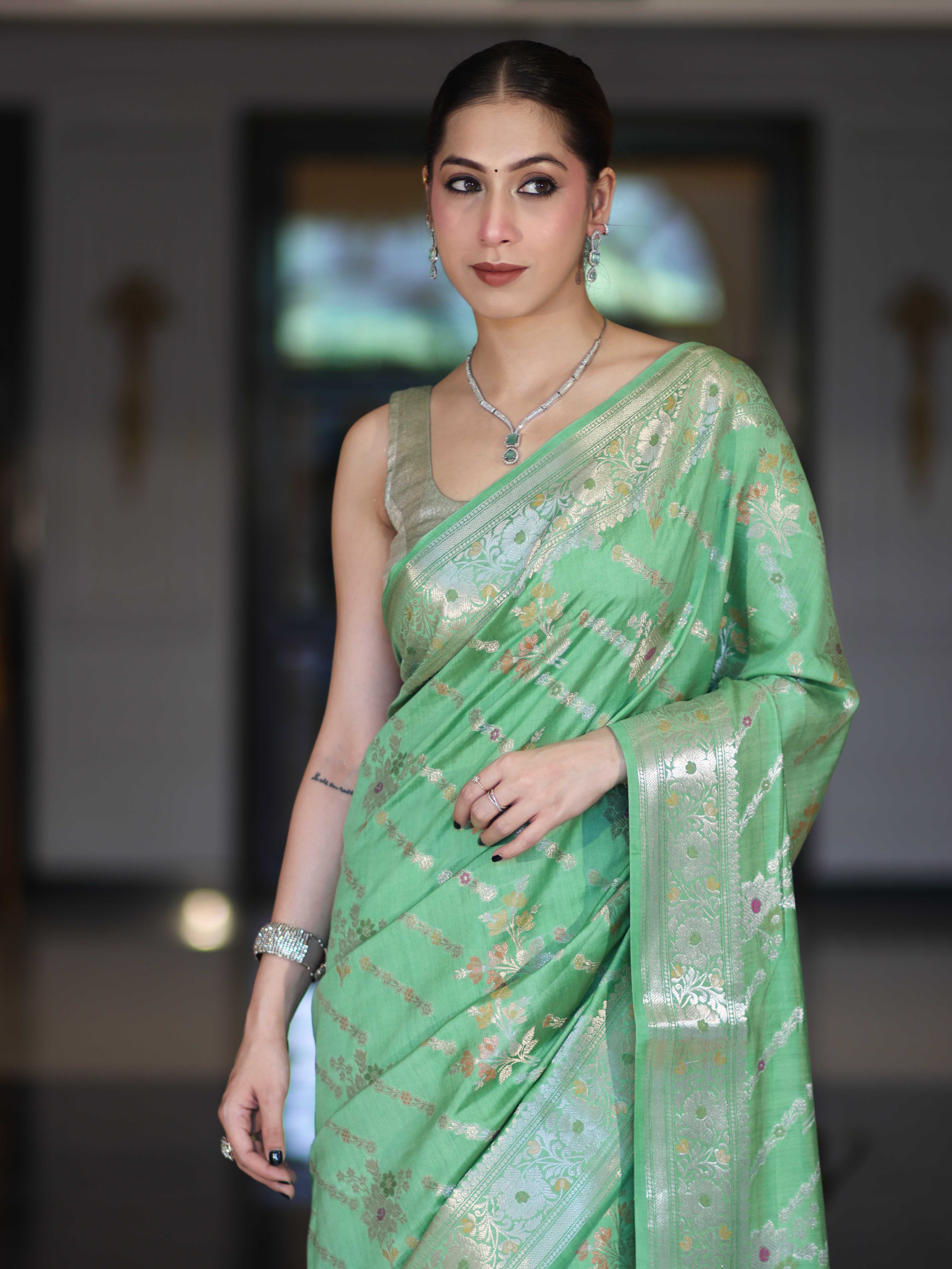 Banarasee Handloom Pure Chiniya Silk Saree With Zari Meena Work-Light Green