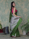 Banarasee Handloom Semi Silk Saree With Silver Zari Floral Design & Border-Leaf Green