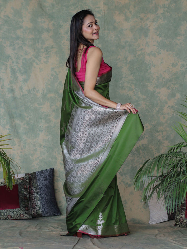 Banarasee Handloom Semi Silk Saree With Silver Zari Floral Design & Border-Leaf Green