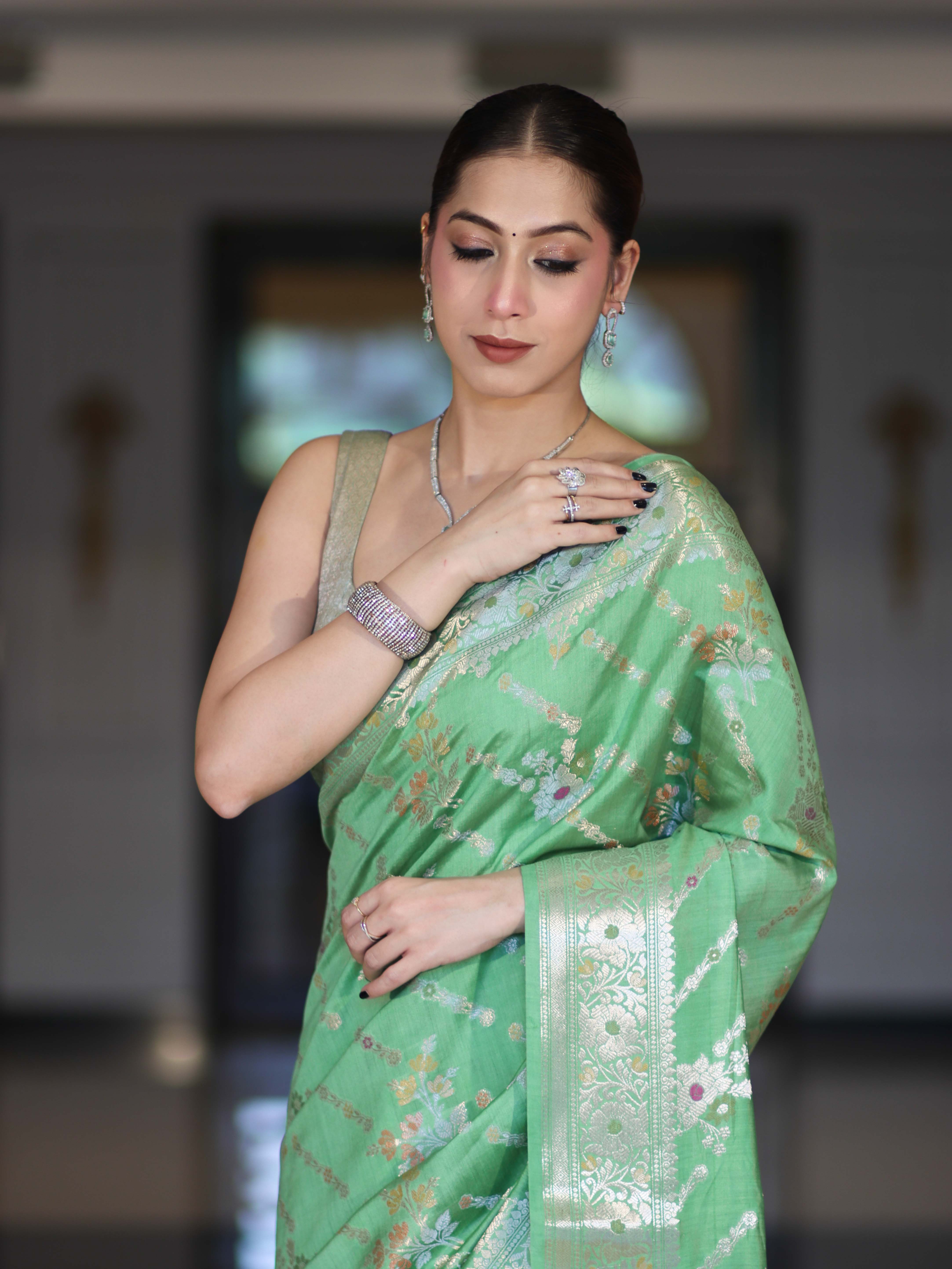 Banarasee Handloom Pure Chiniya Silk Saree With Zari Meena Work-Light Green