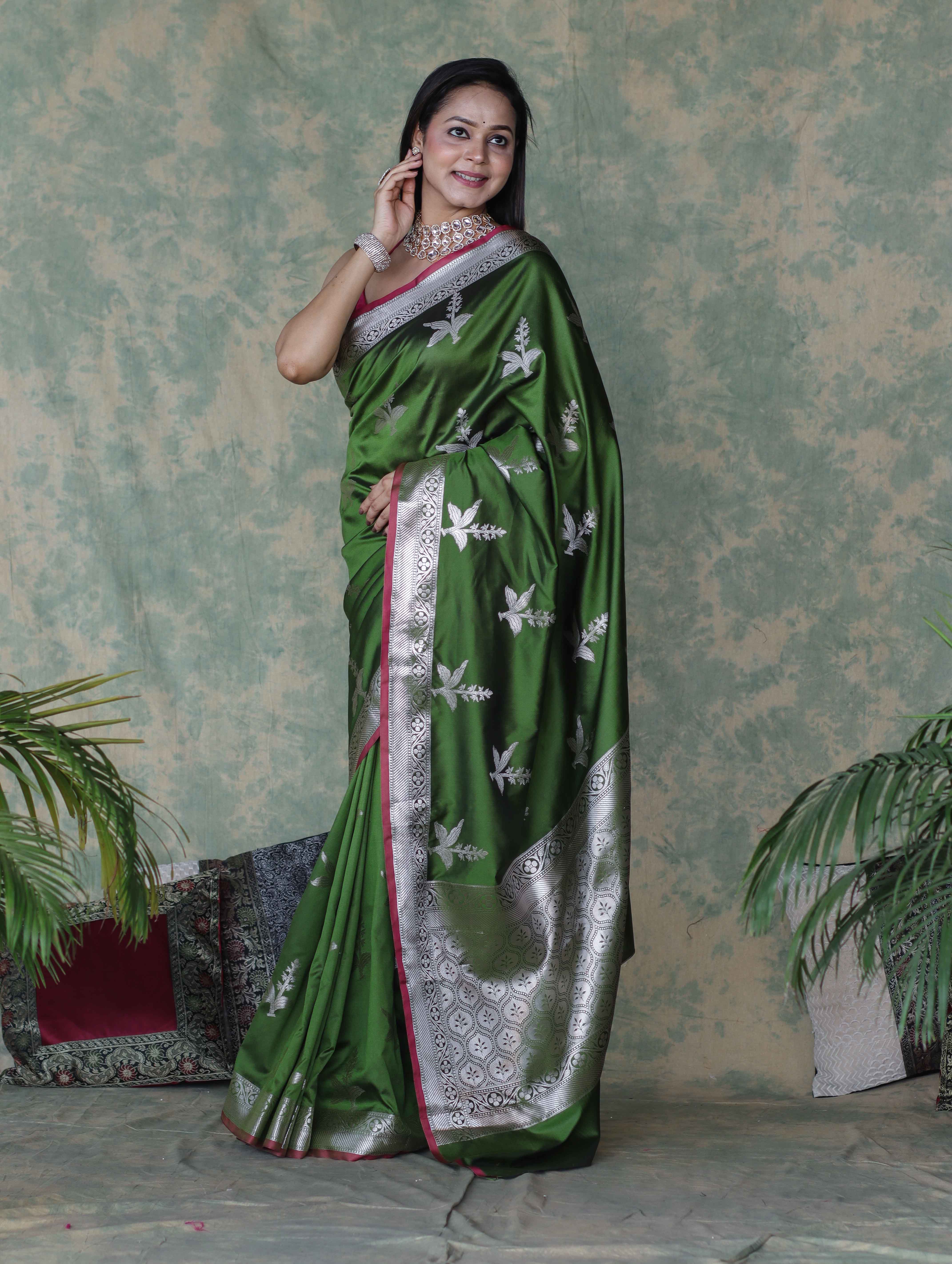 Banarasee Handloom Semi Silk Saree With Silver Zari Floral Design & Border-Leaf Green