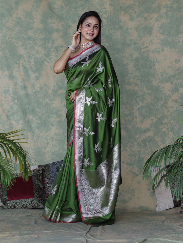 Banarasee Handloom Semi Silk Saree With Silver Zari Floral Design & Border-Leaf Green