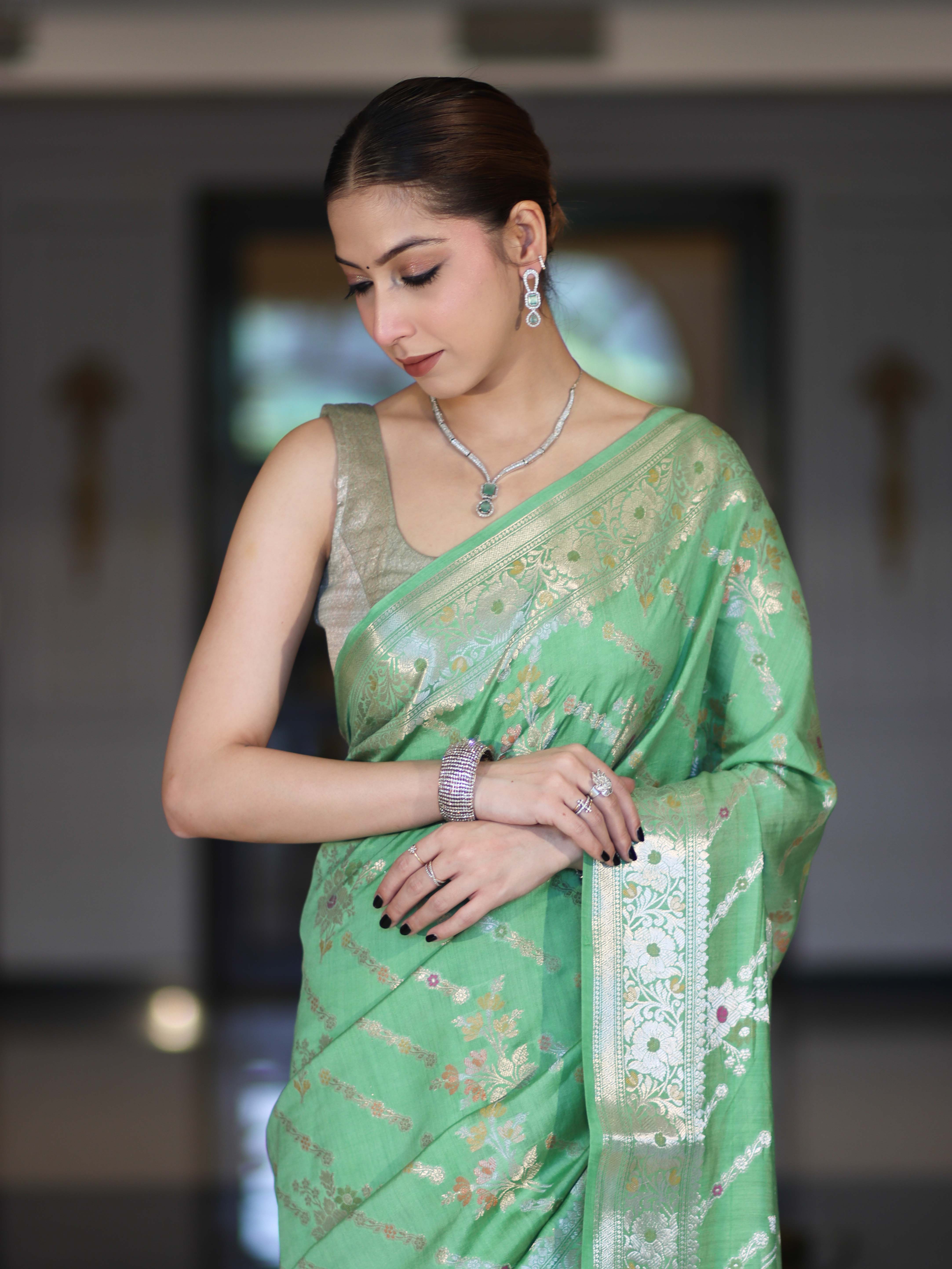 Banarasee Handloom Pure Chiniya Silk Saree With Zari Meena Work-Light Green