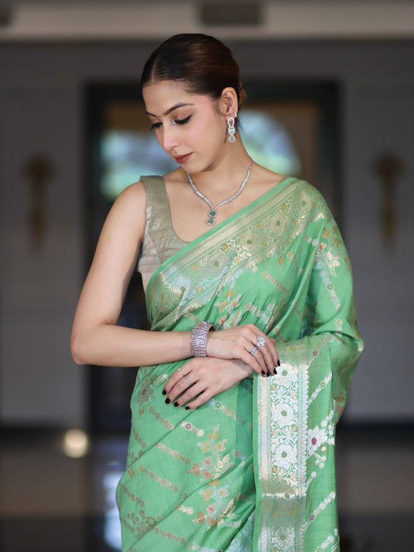Banarasee Handloom Pure Chiniya Silk Saree With Zari Meena Work-Light Green
