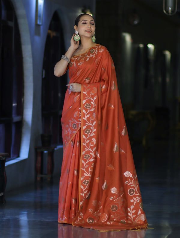 Banarasee Handloom Semi Silk Saree With Leaf Pattern & Floral Zari Border-Orange (Dual Tone)