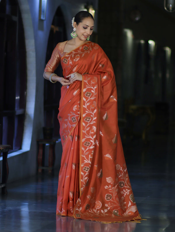 Banarasee Handloom Semi Silk Saree With Leaf Pattern & Floral Zari Border-Orange (Dual Tone)