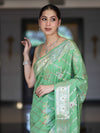 Banarasee Handloom Pure Chiniya Silk Saree With Zari Meena Work-Light Green