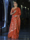 Banarasee Handloom Semi Silk Saree With Leaf Pattern & Floral Zari Border-Orange (Dual Tone)