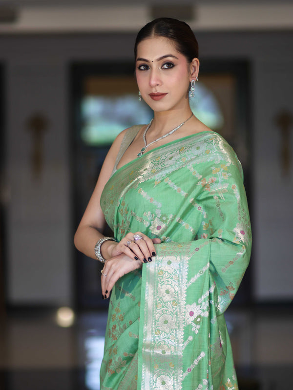 Banarasee Handloom Pure Chiniya Silk Saree With Zari Meena Work-Light Green