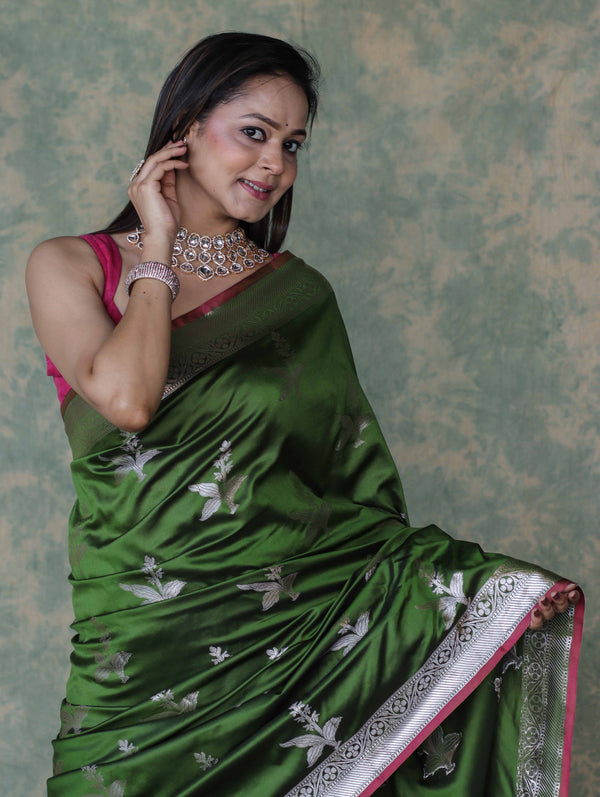 Banarasee Handloom Semi Silk Saree With Silver Zari Floral Design & Border-Leaf Green